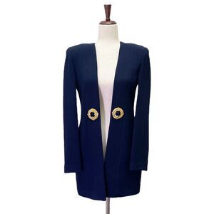 St. John Collection Santana Knit Longline Jacket Blazer Navy Gold Buttons Size 2